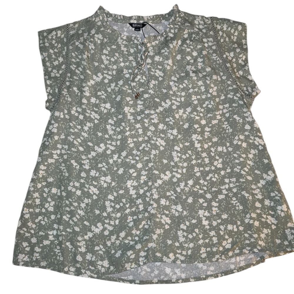 Buffalo David Britton Woven Printed Flutter Sleeve Top Split Neckline Size L - Picture 12 of 12